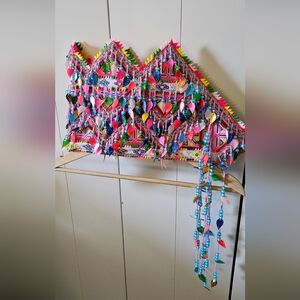 Colorful Beaded Tapestry with Leaf Accents